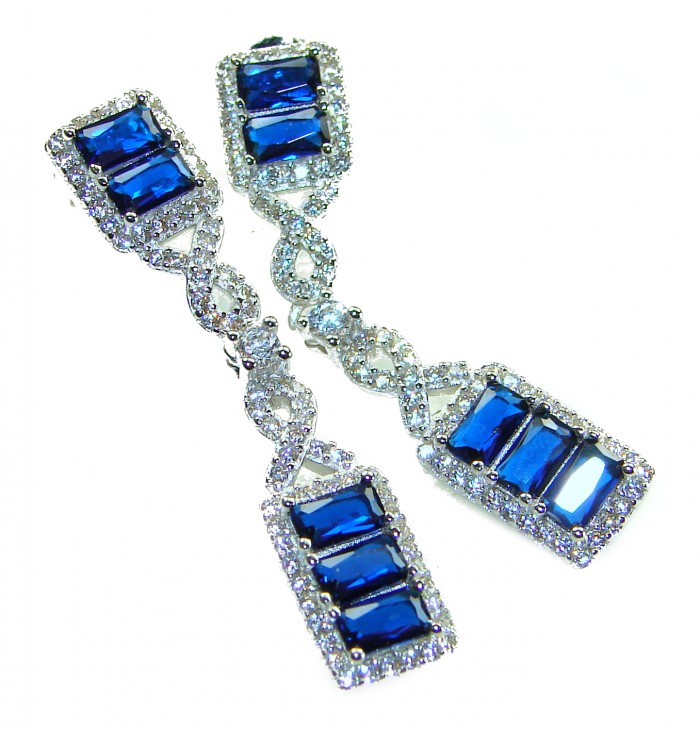 ART DECO - 9.5 carat natural Sapphire .925 Sterling Silver handcrafted incredible earrings - Art Deco sapphire earrings, front view, with diamond accents