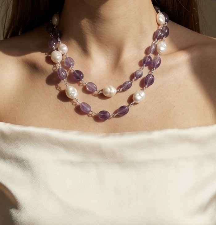 Emma 49.2 carat Natural Amethyst .925 Sterling Silver .925 Sterling Silver Necklace - Worn necklace with amethyst and pearl beads, shoulder-level view