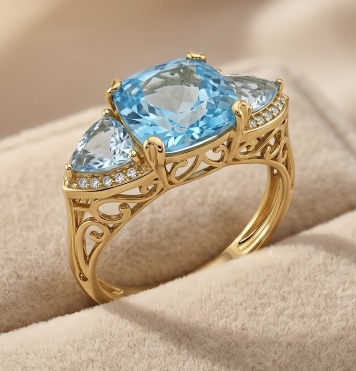 Atlantica 29.4 carat fancy assher cut Swiss Blue Topaz 18K Gold over .925 Sterling Silver handcrafted ring size 7 1/4 - Side view of Atlantica ring with blue topaz and diamond accents.