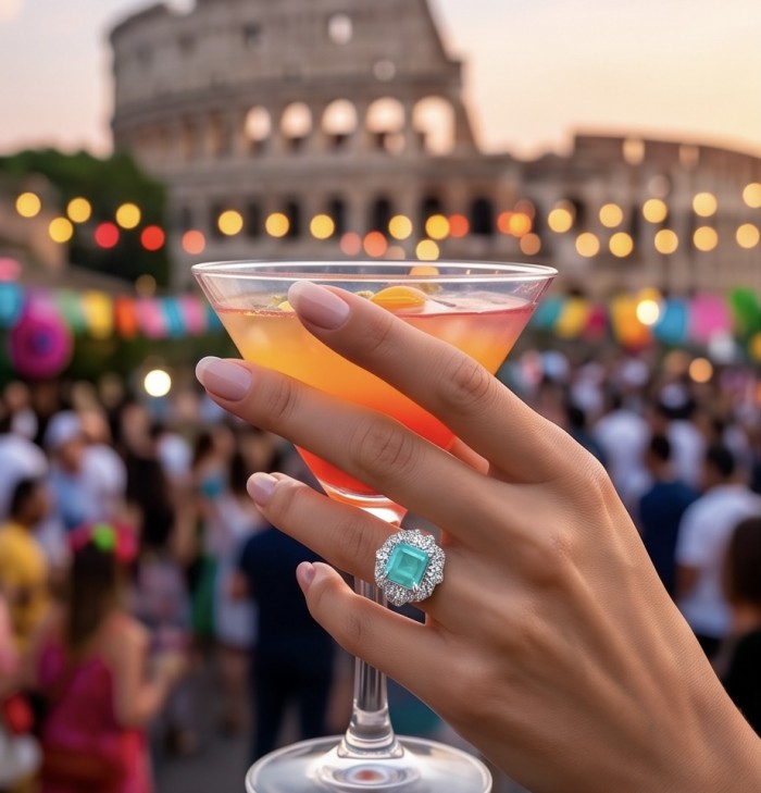 Elizabeth princess cut 14.8 carat Colombian Emerald 15.3 carat Moissanite .925 Sterling Silver dipped in Rhodium handcrafted Ring size 7 - Emerald ring worn on hand holding cocktail, Colosseum in background.