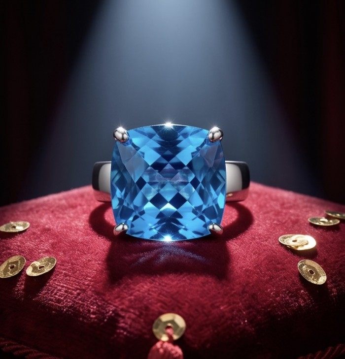 Fancy Princess cut 15.8 carat Swiss Blue Topaz .925 Sterling Silver dipped in rhodium handcrafted Large ring size 6 - Close-up of Swiss Blue Topaz ring on a red velvet background.