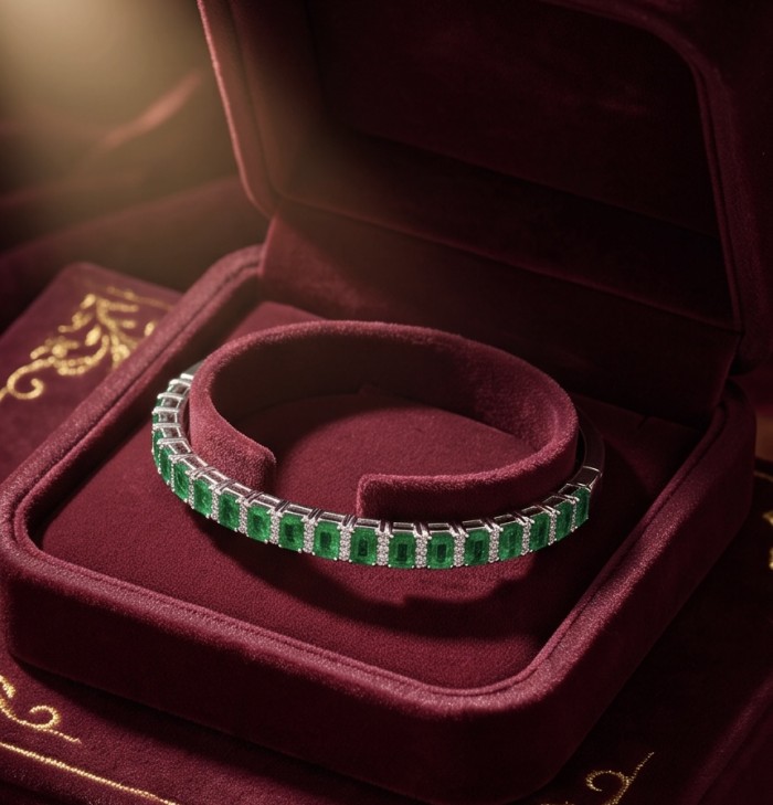 Victoria 7.7 ctw Tsavorite garnet .925 Sterling Silver handcrafted Statement bracelet - Emerald bracelet in velvet box, top view, Victoria 7.7 ctw Tsavorite Garnet