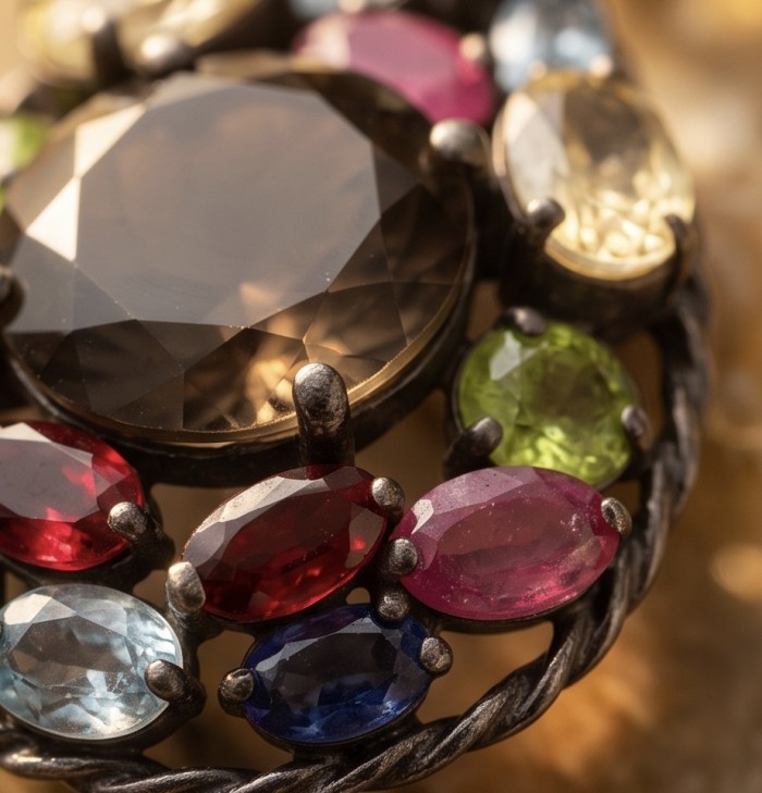 Conqueror Authentic 9.5 carat carved 10.8 CARAT Smoky Topaz black rhodium over .925 Sterling Silver handmade Statement Pendant - Faceted gemstone close-up featuring multicolored gemstones in a setting.