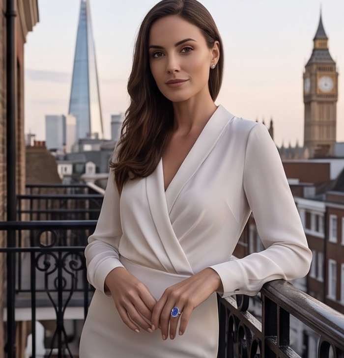 Paris Sky Blue 15.8 carat Swiss Blue Topaz .925 Sterling Silver dipped in rhodium handcrafted ring size 7 3/4 - Woman wearing Paris Sky Blue 15.8ct Swiss Blue Topaz ring, London backdrop