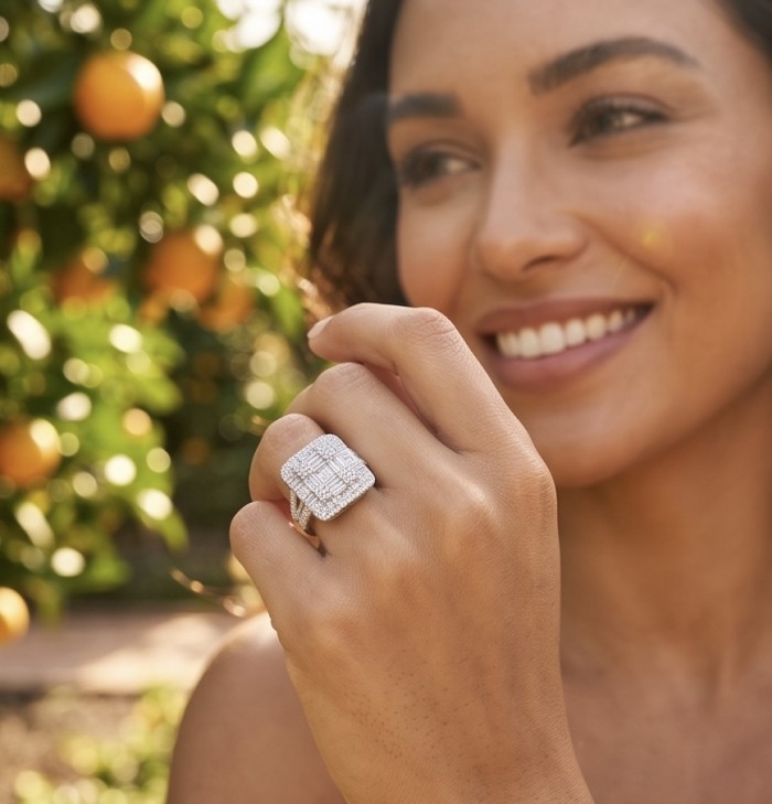 Art Deco 7.4 ctw White TOPAZ .925 Sterling Silver handcrafted Statement Ring size 6 - Woman wearing Art Deco white topaz ring, hand close-up.