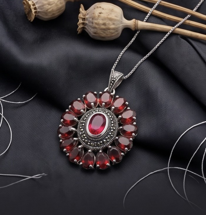 Giovanna 22.2 carat authentic Mozambique Ruby Marcasite .925 Sterling Silver handmade Pendant - Ruby pendant on fabric background, top view, with marcasite detailing.