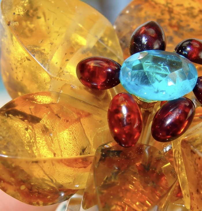 Magical Fern Flower Natural Baltic Amber 4.9 carat Swiss Blue Topaz .925 Sterling Silver handmade Large STATEMENT ring; s. 7 adjustable - Close-up of colorful stone and amber in the Magical Fern Flower jewelry.