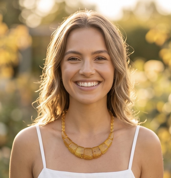 Dazzling - Rare!- vintage Style- natural Golden Baltic Amber .925 Sterling Silver handcrafted necklace - Smiling woman wearing vintage-style golden Baltic amber necklace.
