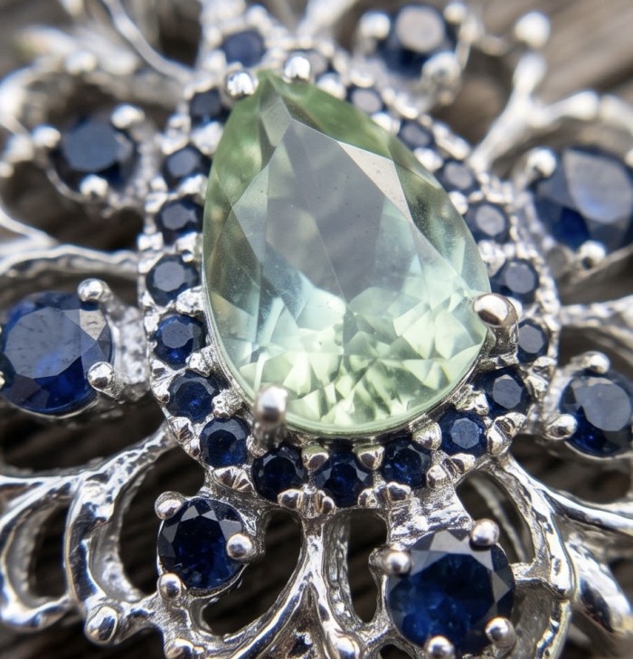 Isabel Authentic 20.2 carat Green Amethyst Sapphire rhodium over .925 Sterling Silver handmade pendant - Green amethyst and sapphire jewelry stone close-up