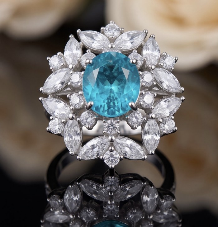 Elizabeth 8.5 carat Paraiba Tourmaline .925 Sterling Silver Handcrafted Ring size 5 - Close-up of Elizabeth 8.5ct Paraiba Tourmaline Sterling Silver ring