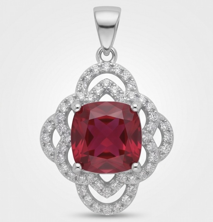 Genuine 4.8 carat Ruby rhodium over .925 Sterling Silver handcrafted Statement Pendant - Close-up of a genuine 4.8ct ruby pendant in rhodium over sterling silver