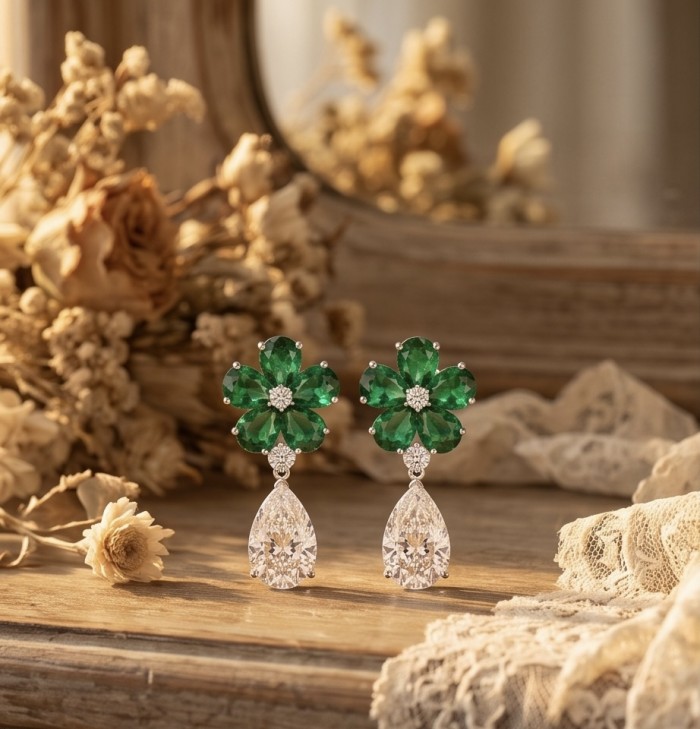 Tiffany - Authentic 14.8 CARAT Siberian Chrome Diopside rhodium over .925 Sterling Silver handcrafted earrings - Front view of emerald and diamond earrings on wooden surface