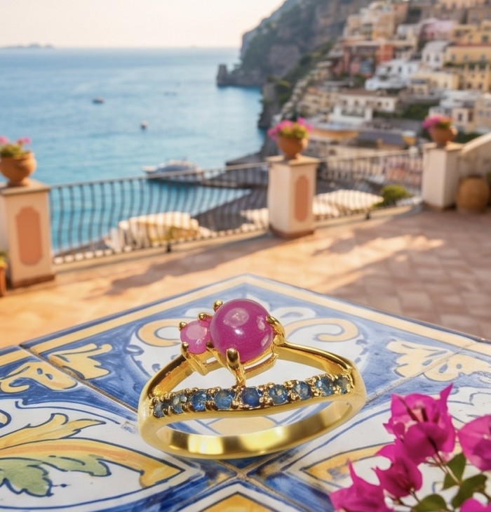 Scarlett 0.7 ctw Mozambique Ruby .925 Sterling Silver handcrafted Statement Ring size 8 - Ruby ring on tile with coastal view background, close-up shot.