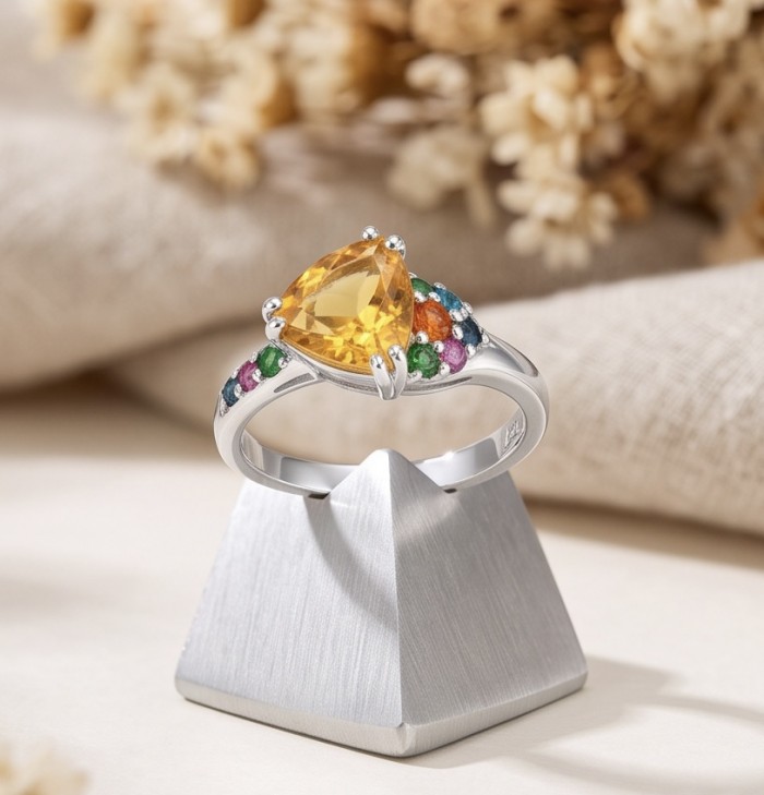 Victoria 5.2 carat Brazilian Citrine .925 Sterling Silver dipped in rhodium handcrafted ring; s. 7 - Side view of Victoria citrine ring in sterling silver with colorful stones.