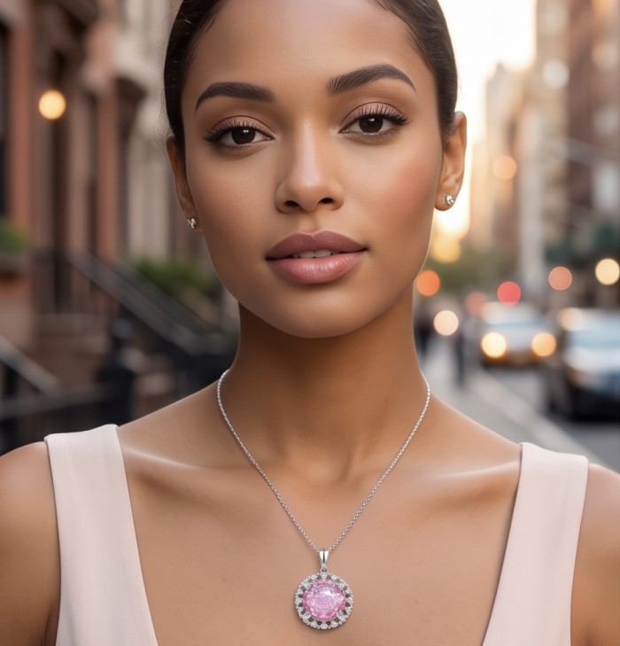 Incredible round cut 7.8 carat Pink Sapphire .925 Sterling Silver handcrafted pendant - Woman wearing Pink Sapphire necklace, front view.