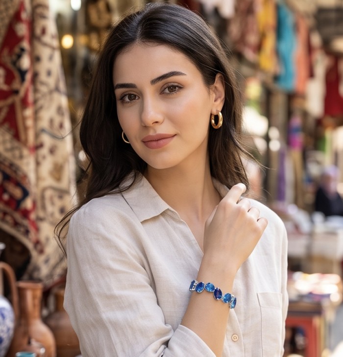 Nautilius 45.5 carat genuine Swiss Blue Topaz rhodium over .925 Sterling Silver handmade Statement Bracelet - Woman wearing Nautilius 45.5 carat Swiss Blue Topaz bracelet