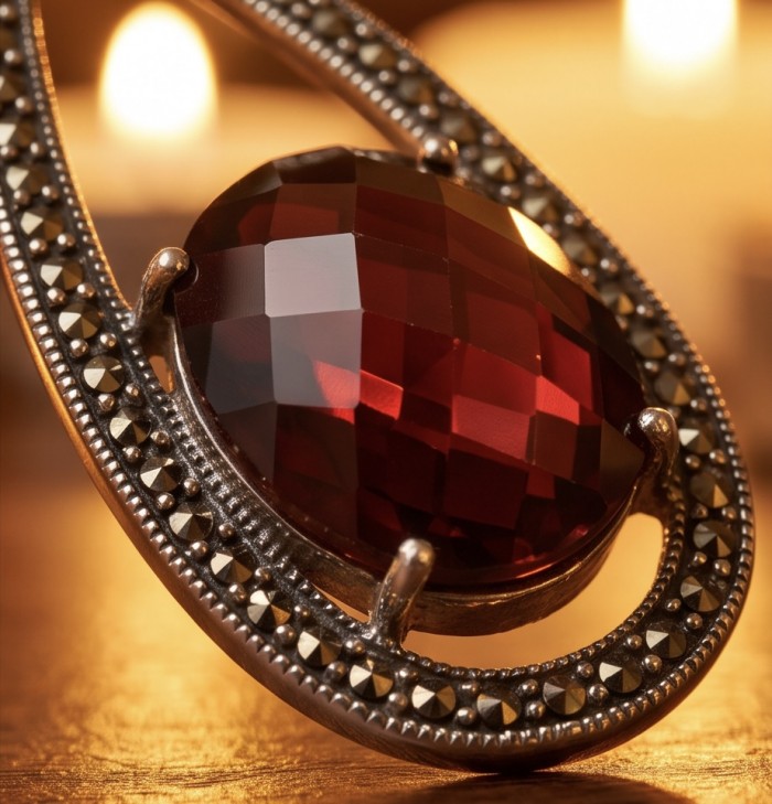 Vintage Beauty 17.9 carat genuine Garnet rhodium over .925 Sterling Silver handcrafted pendant - Close-up of Vintage Beauty 17.9 carat garnet pendant with rhodium accents.