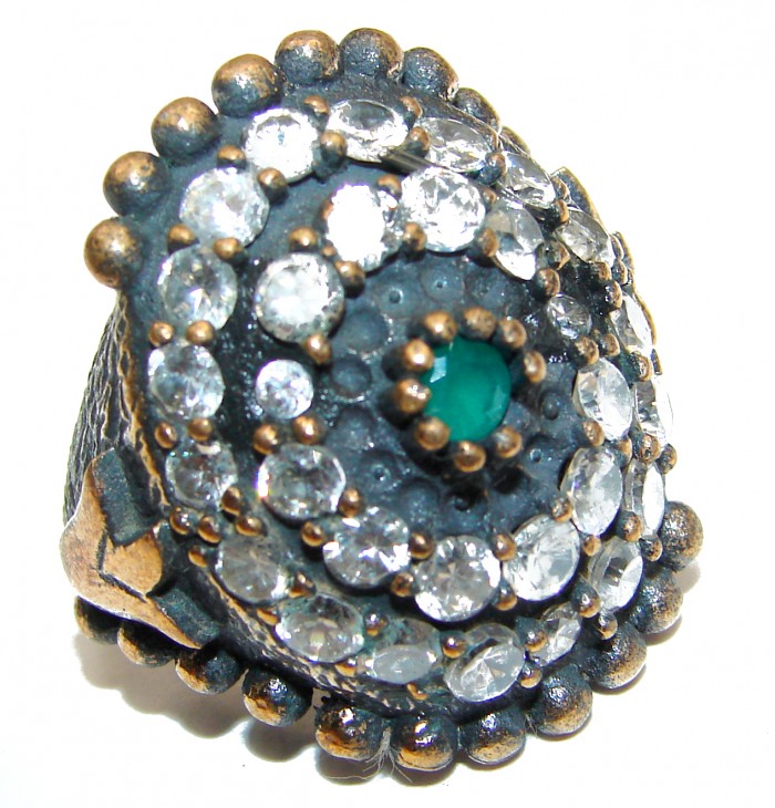 Victorian Style created Emerald & White Topaz Copper over Sterling Silver ring; s. 6 1/4 - photo 1