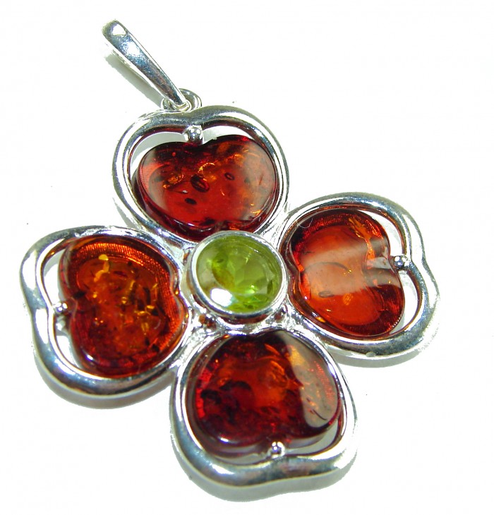 Lucky Four-leaf clover Baltic Polish Amber Peridot .925 Sterling Silver handcrafted Pendant - photo 3