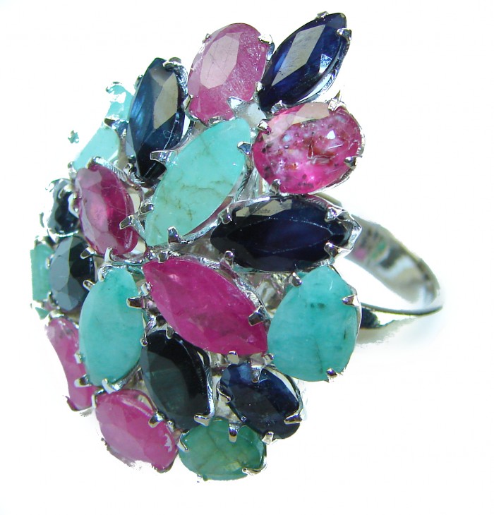 Large - natural 26.5 carat natural Ruby Emerald Sapphire .925 Sterling Silver handmade Statement Ring size 7 - photo 2