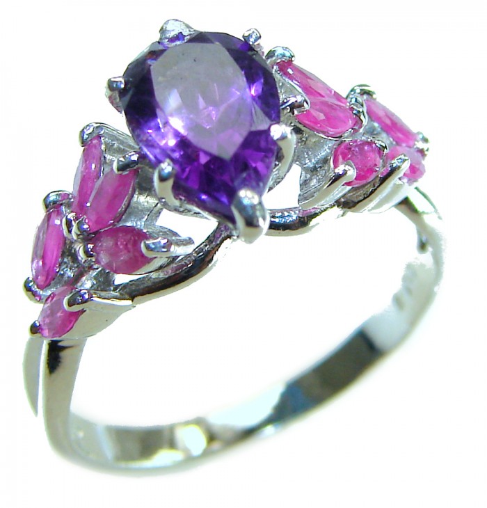 Natural cushion cut 1.4 carat Amethyst Ruby .925 Sterling Silver handmade Statement Ring size 7 - Close-up of natural amethyst and ruby ring in sterling silver.