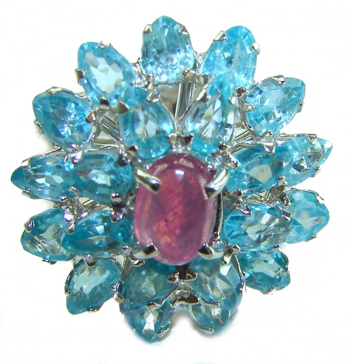 Magnificent Jewel 58.5 carat Ruby Swiss Blue Topaz .925 Sterling Silver handcrafted incredible Cocktail Ring s. 7 1/4 - Close-up of a ruby and blue topaz ring in silver setting
