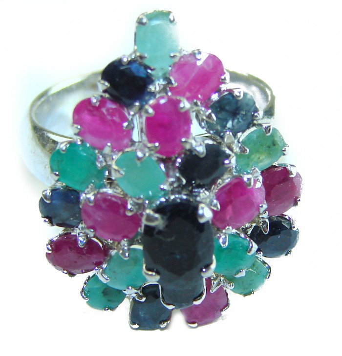 Precious 12.9 CARAT Ruby Sapphire Emerald .925 Sterling Silver Statement HUGE Ring s. 8 - Top view of multi-gemstone cluster ring in sterling silver.