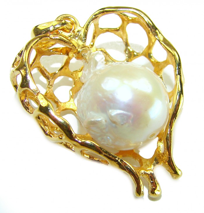 Precious Angels Wings genuine Pearl 14k Gold over .925 Sterling Silver handmade Pendant - Heart-shaped gold pendant with pearl, top view.
