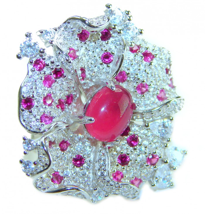 Real Beauty Natural 7.1 carat Ruby .925 Sterling Silver handmade Statement Ring size 8 - Close-up of intricate ruby and silver ring design with sparkling stones.