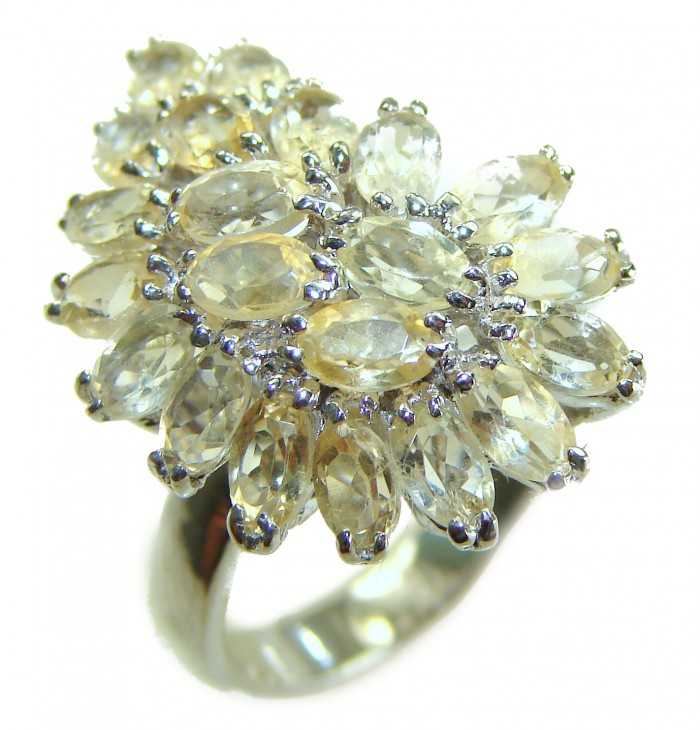 Fancy 18.8 carat Genuine Lemon Quartz .925 Sterling Silver DIPPED IN REAL RHODIUM handcrafted ring size 7 - Fancy ring with 18.8 carat lemon quartz on silver, close-up top view.