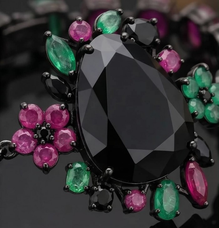 Mystery 82.2 carat authentic Ruby Black rhodium over .925 Sterling Silver handcrafted Statement Bracelet - Stone close-up of Mystery 82.2 carat Ruby Black rhodium over .925 S.