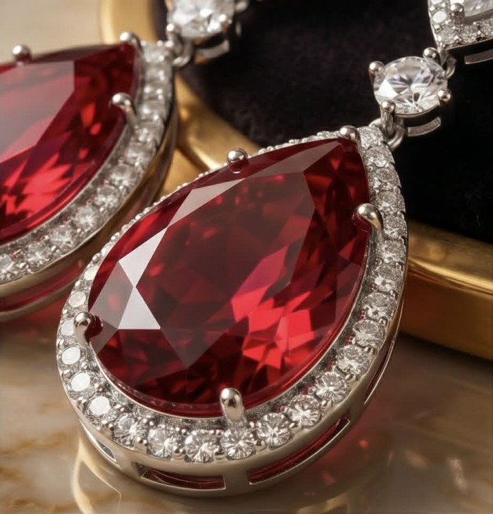 Giovanna Natural 20.2 carat Red Topaz .925 Sterling Silver handcrafted Statement earrings - Close-up of Giovanna 20.2ct red topaz with .925 sterling silver setting.