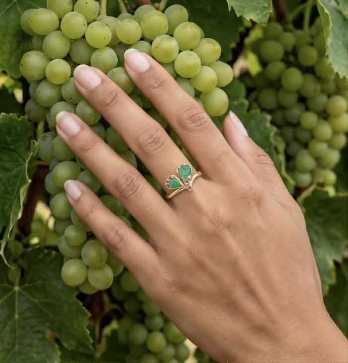 Gabriella 2.7 carat authentic Emerald 18K Gold over .925 Sterling Silver handcrafted Statement Ring size 8 - Hand wearing Gabriella 2.7 carat emerald ring near green grapes