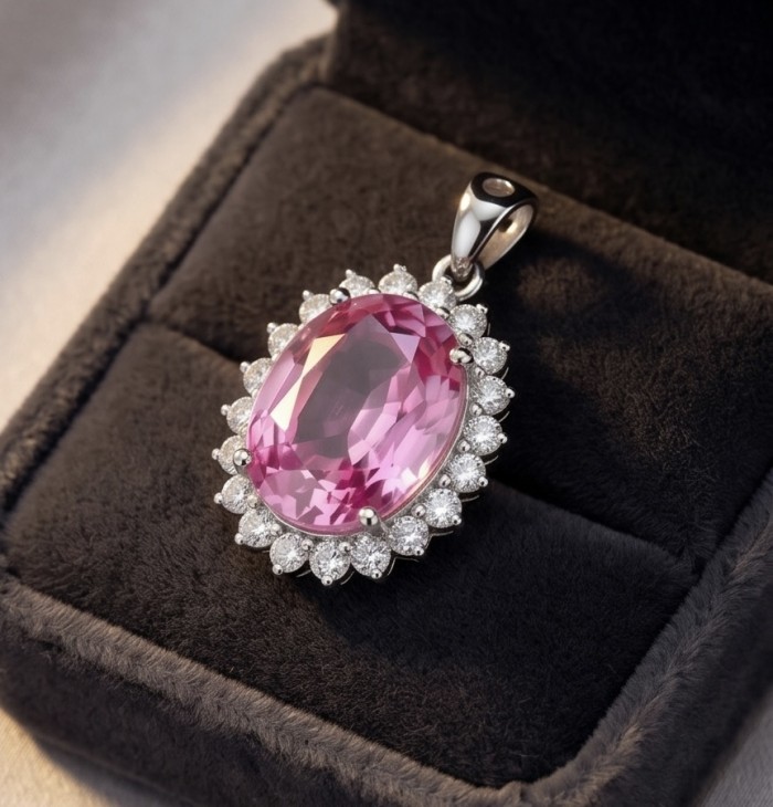 Incredible oval cut 15.8 carat Pink Sapphire .925 Sterling Silver handcrafted pendant - Close-up of oval cut pink sapphire pendant in black jewelry box