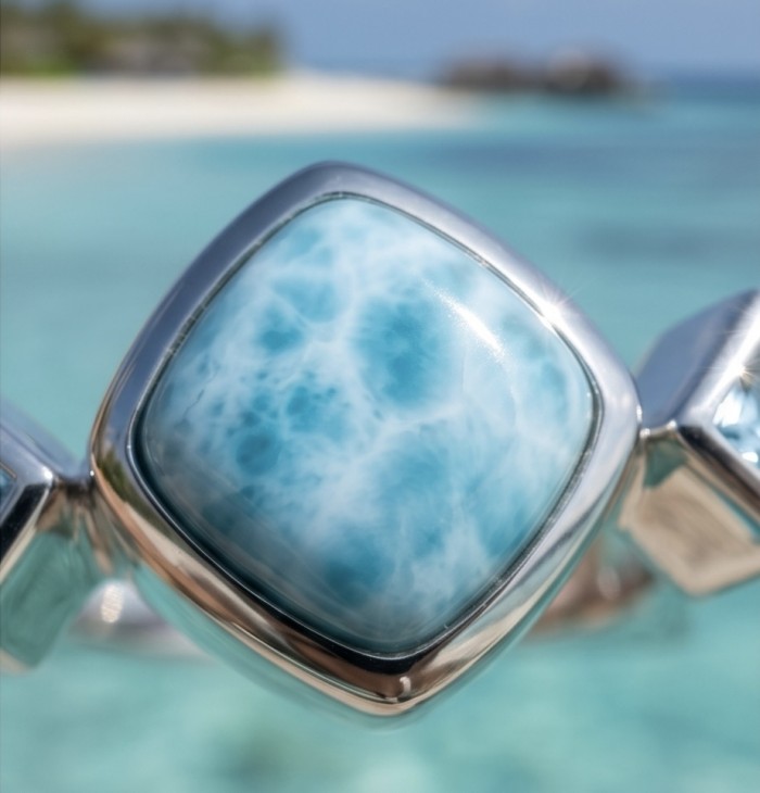 Caribbean Beauty 4.5 carat Genuine Blue Larimar .925 Sterling Silver handmade ring size 8 1/4 - Stone close-up of Caribbean Beauty Blue Larimar in silver setting.