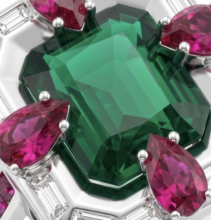 Art Deco 8.6 ctw Emerald .925 Sterling Silver handcrafted Statement Ring size 7 1/4 - Close-up of Art Deco emerald and ruby stones in sterling silver setting