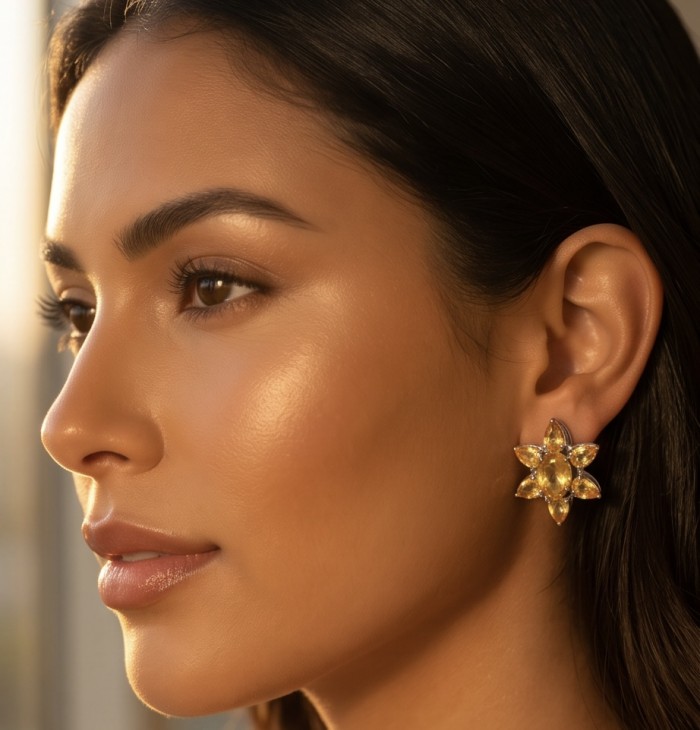 Giovanna - Authentic 18.9 carat Brazilian Citrine .925 Sterling Silver dipped in rhodium handcrafted earrings - Side view of woman wearing Giovanna Brazilian Citrine earrings