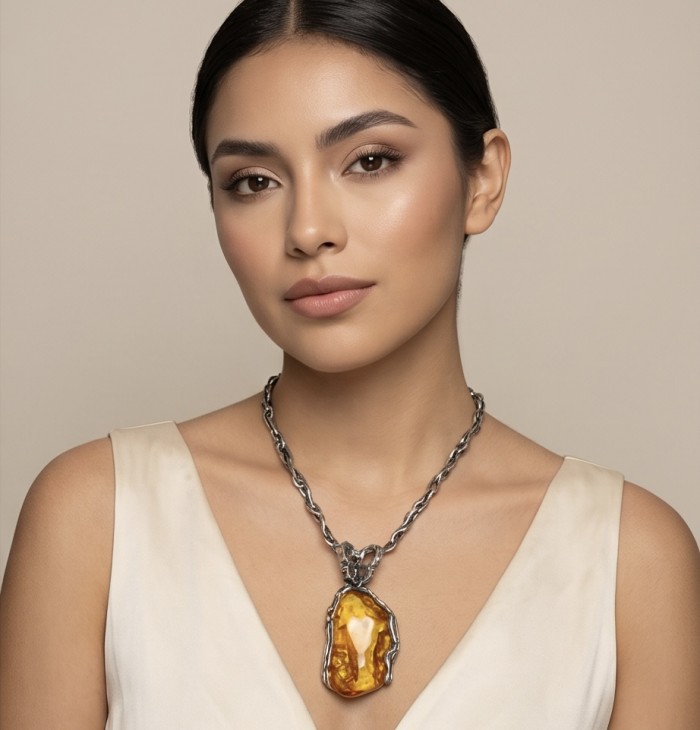 Massive Prehistoric Authentic Golden Baltic Amber rhodium over .925 Sterling Silver beautifully handcrafted Pendant - Worn on neck, Massive Amber pendant with chain, frontal view.
