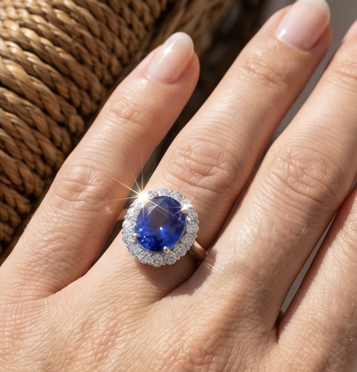 Royalty Design oval cut 24.9 CARAT Tanzanite .925 Sterling Silver Statement Ring s. 9 1/4 - Tanzanite ring worn on hand, showcasing oval cut stone and halo setting.