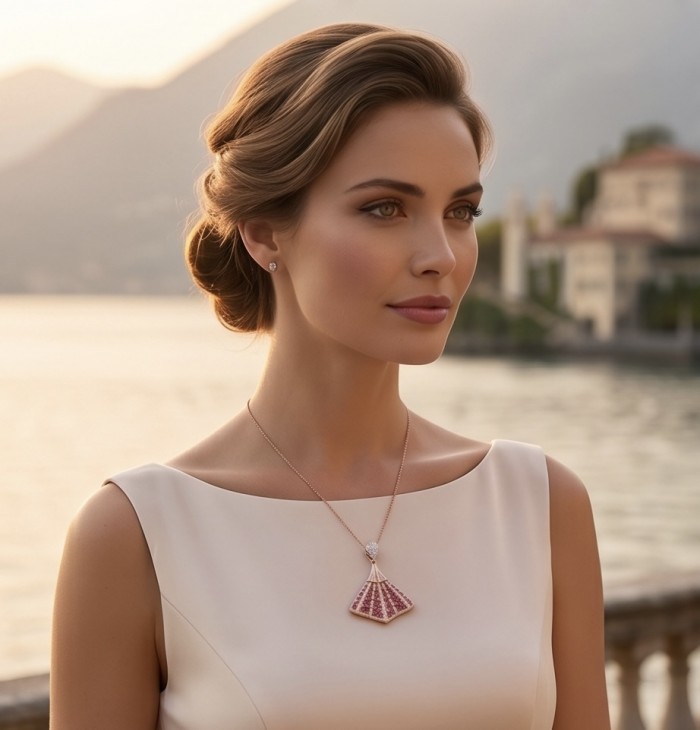 Luxurious 5.2 carat Kashmir Ruby .925 Sterling Silver dipped in 18K Rose Gold handmade Pendant - Elegant necklace worn, showcasing 5.2 carat Kashmir Ruby pendant
