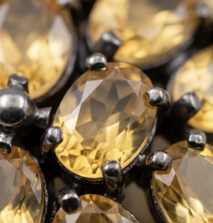 Valentina - Vintage Design Genuine 18.5 carat Citrine .925 Sterling Silver dipped in black rhodium handmade Pendant - Close-up of Valentina citrine stones in vintage .925 silver setting.