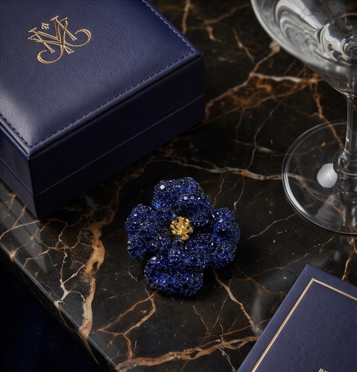 Black Label Collection - Retro Style - Rose Genuine 42.5 carat Sapphire .925 Sterling Silver dipped in black rhodium handmade Pendant - Brooch - Luxurious blue gemstone flower with gold center on marble surface.