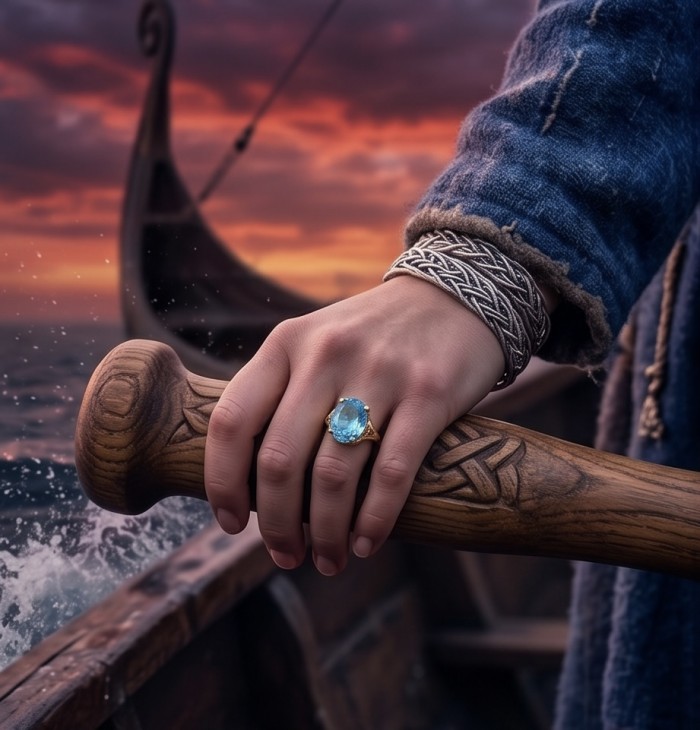 Conqueror Natural 34.8 carat Swiss Blue Topaz Enamel .925 Sterling Silver dipped in 22K Gold handmade Statement Ring size 8 - Hand with Swiss Blue Topaz ring, ornate bracelet, wooden engraved oar