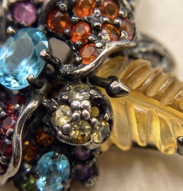 Catharina Luxurious Style Natural 27.8 carat carved Citrine black rodium over .925 Sterling Silver handmade Pendant - Close-up of Catharina 27.8 ct carved Citrine with colorful gemstones