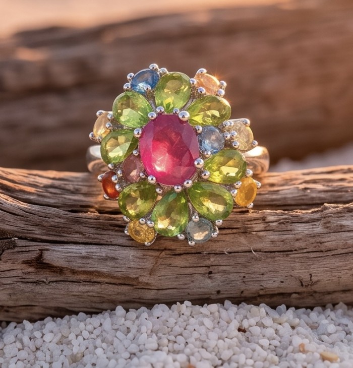 Blooming Garden 6.8 carat Mozambique Ruby 15.5 carat Peridot rhodium over .925 Sterling Silver handmade Statement Ring size 8 adjustable - Close-up of Blooming Garden ring with ruby and peridot.