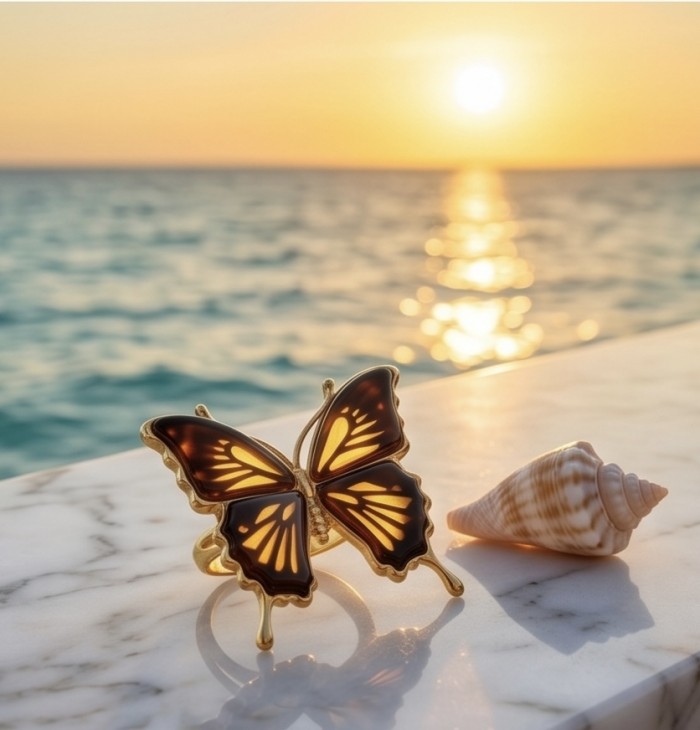 Butterfly Authentic Baltic Amber .925 Sterling Silver dipped in 18K Gold handcrafted ring; s. 7 adjustable - Butterfly Baltic amber ring in sunset by the ocean on marble surface