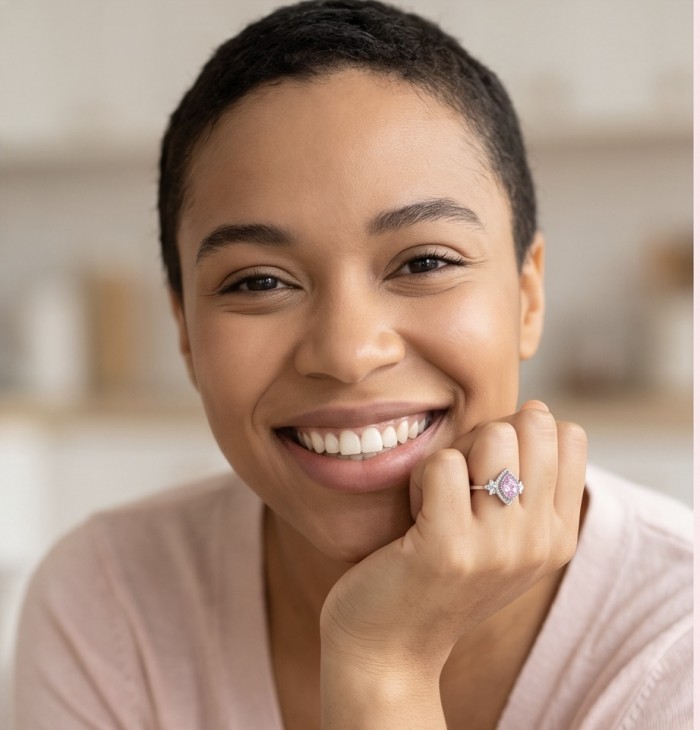 Isabella - Light Pastel 4.7 carat Kunzite .925 Silver handcrafted Cocktail Ring s. 7 1/2 - Woman wearing Isabella Kunzite ring, smiling close-up view.