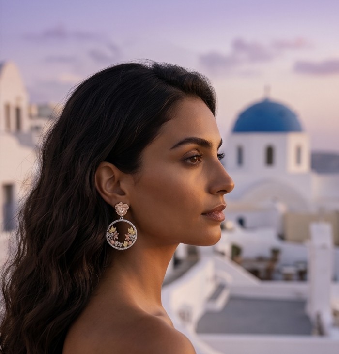 Black Label Collection - Floral design - Natural White Topaz 22K Gold over .925 Sterling Silver handmade 3 tones earrings - Side view: Floral design earrings with natural white topaz