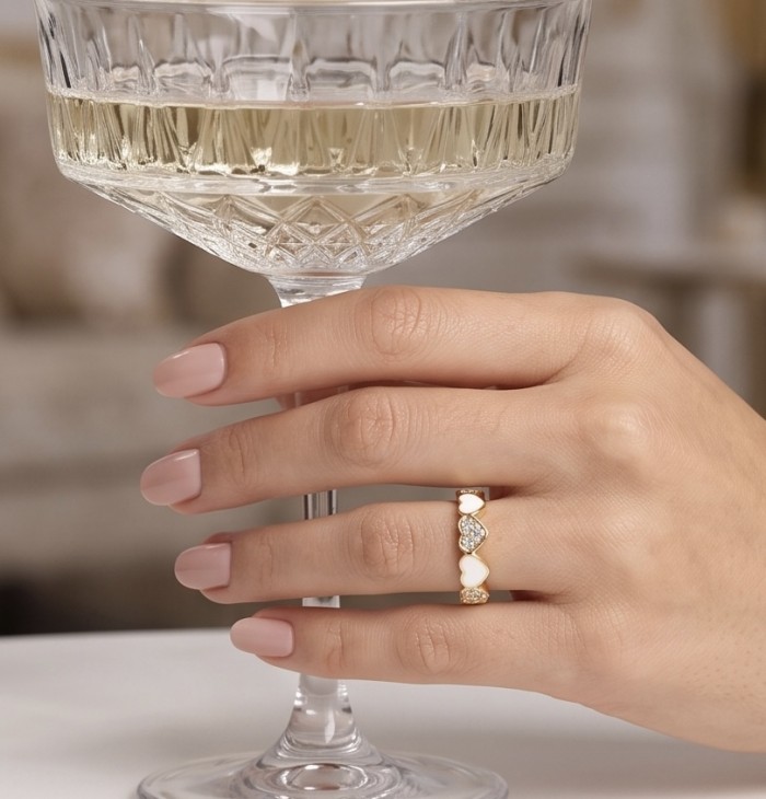LOVE IS FOREVER Natural WHITE Enamel .925 Sterling Silver Huge handcrafted Ring s. 8 1/2 - Hand wearing LOVE IS FOREVER ring holding a crystal glass of wine