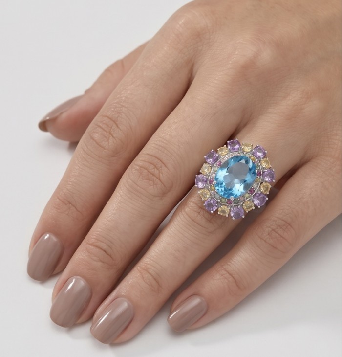 Pacifica - Authentic 33.8 carat Swiss Blue Topaz Rhodium over .925 Sterling Silver handcrafted Large Statement ring size 7 - Blue topaz ring worn on hand, showing full design and details.